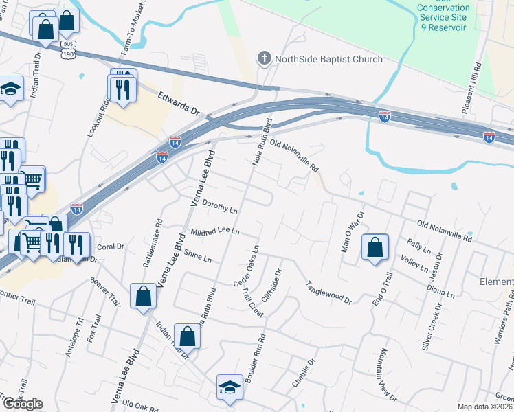 map of restaurants, bars, coffee shops, grocery stores, and more near 701 Nola Ruth Boulevard in Harker Heights