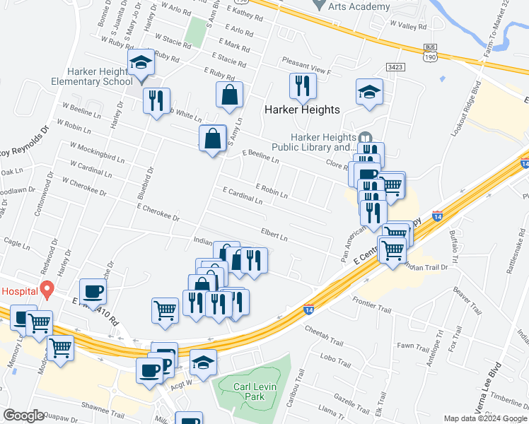 map of restaurants, bars, coffee shops, grocery stores, and more near 240 East Cardinal Lane in Harker Heights