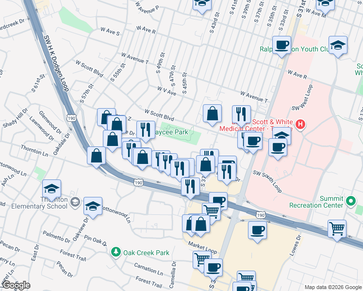 map of restaurants, bars, coffee shops, grocery stores, and more near 2302 Z Avenue in Temple
