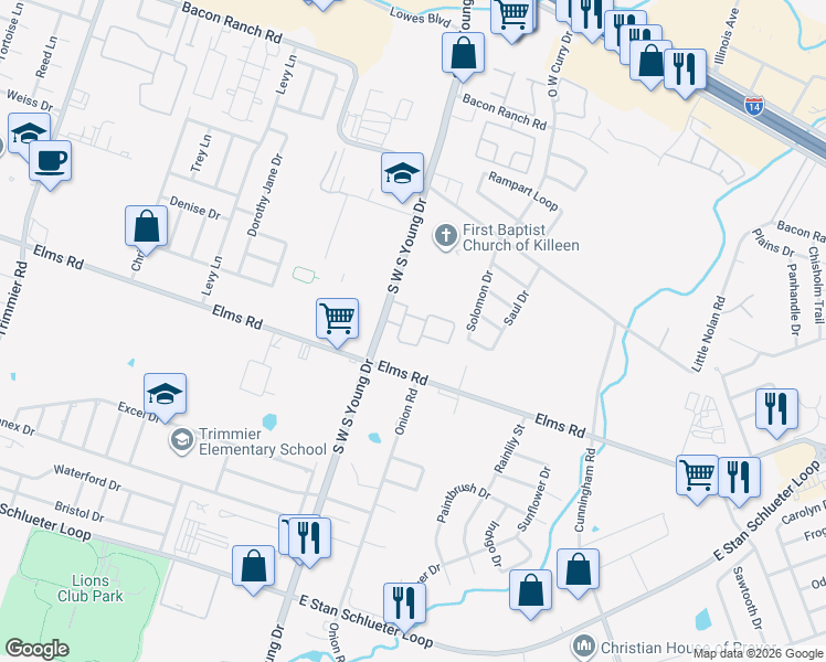map of restaurants, bars, coffee shops, grocery stores, and more near 3604 South W S Young Drive in Killeen