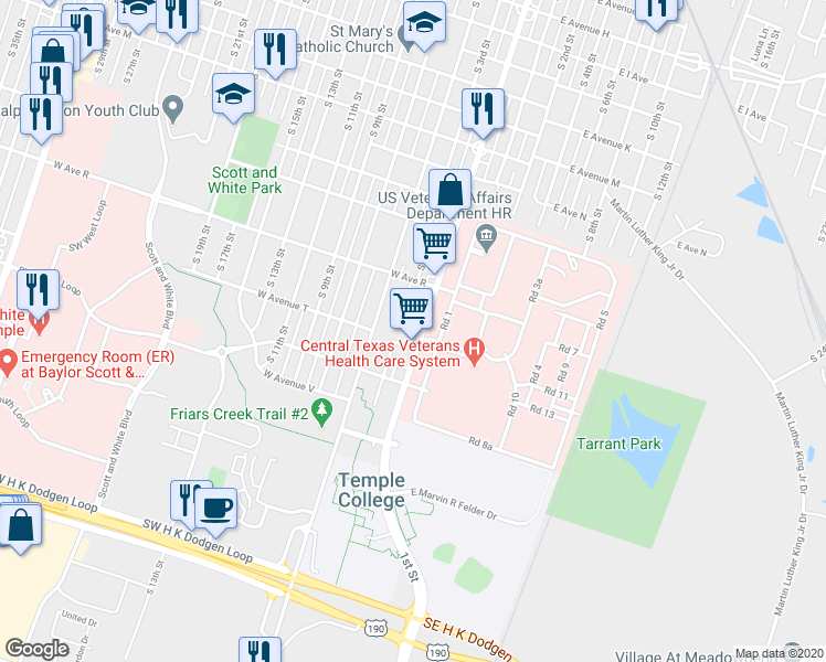 map of restaurants, bars, coffee shops, grocery stores, and more near 1902 S 1st St in Temple