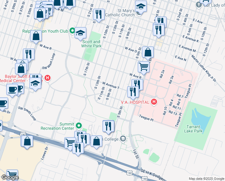 map of restaurants, bars, coffee shops, grocery stores, and more near 2001 South 9th Street in Temple