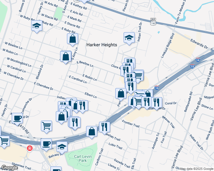 map of restaurants, bars, coffee shops, grocery stores, and more near 414 East Robin Lane in Harker Heights