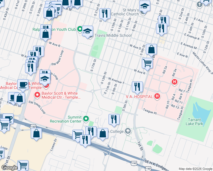 map of restaurants, bars, coffee shops, grocery stores, and more near 2010 South 11th Street in Temple