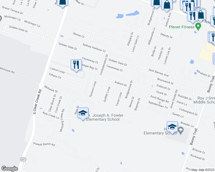 map of restaurants, bars, coffee shops, grocery stores, and more near 6203 Griffith Loop in Killeen