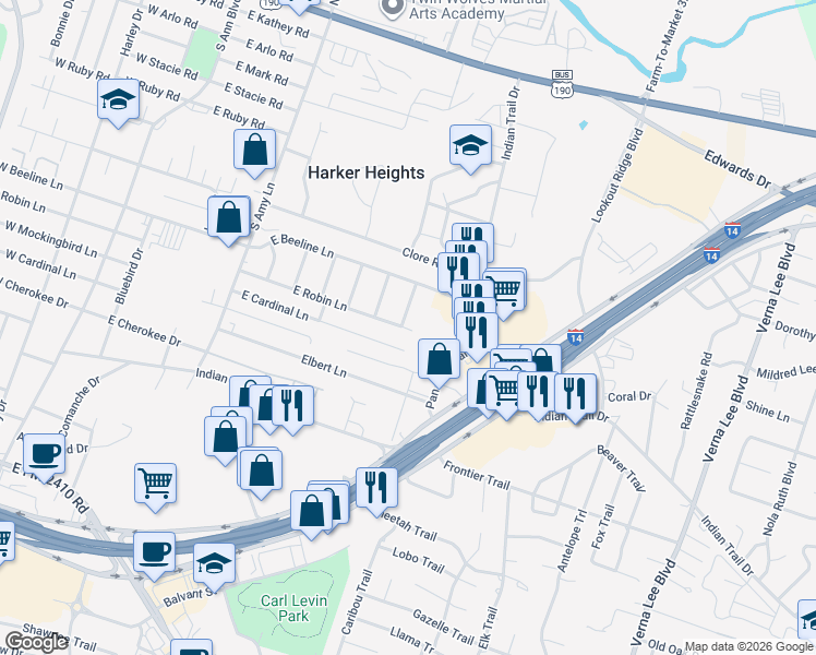 map of restaurants, bars, coffee shops, grocery stores, and more near 917 Rebecca Lane in Harker Heights