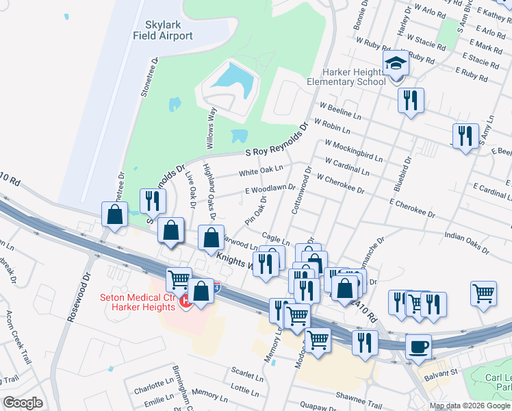 map of restaurants, bars, coffee shops, grocery stores, and more near 214 Pin Oak Drive in Harker Heights