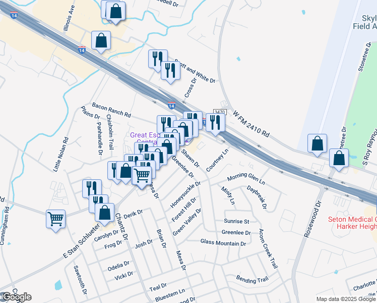 map of restaurants, bars, coffee shops, grocery stores, and more near 4105 Shawn Drive in Killeen