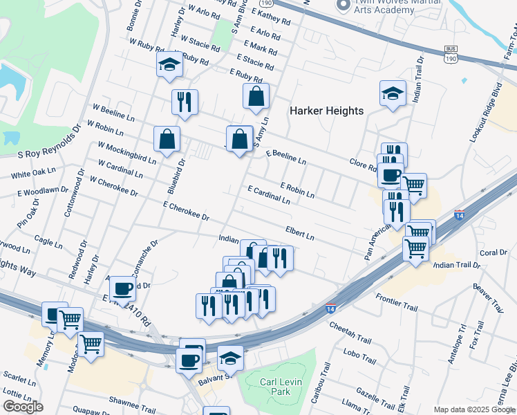map of restaurants, bars, coffee shops, grocery stores, and more near 208 Dale Earnhardt Drive in Harker Heights