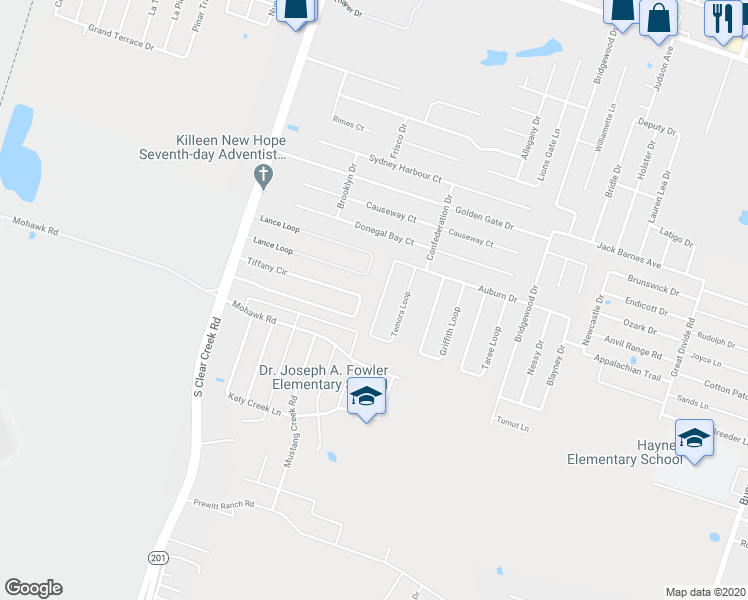 map of restaurants, bars, coffee shops, grocery stores, and more near 6504 Temora Loop in Killeen