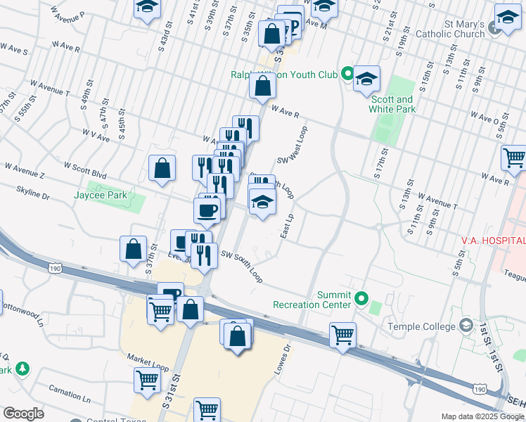 map of restaurants, bars, coffee shops, grocery stores, and more near 2401 South 31st Street in Temple