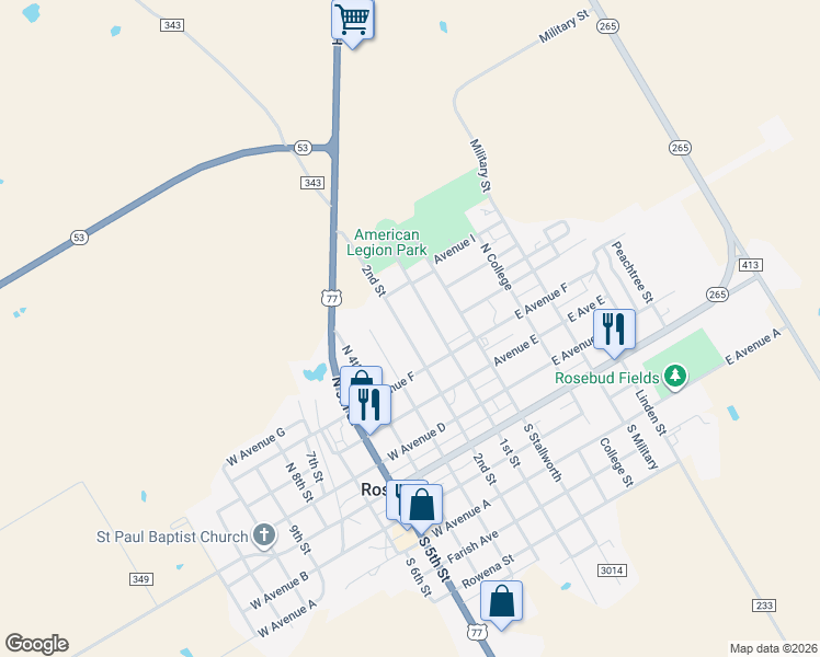 map of restaurants, bars, coffee shops, grocery stores, and more near 504 2nd Street in Rosebud