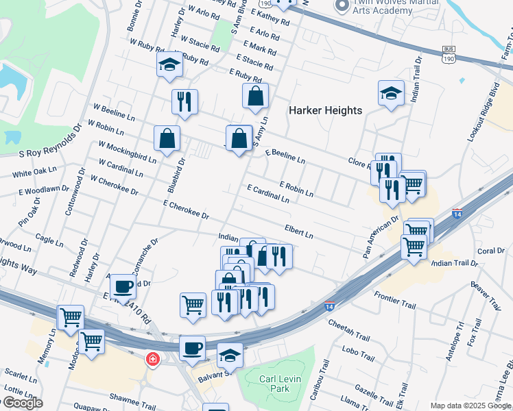 map of restaurants, bars, coffee shops, grocery stores, and more near 211 Dale Earnhardt Drive in Harker Heights