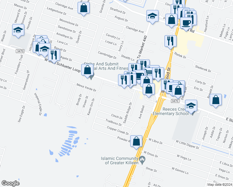 map of restaurants, bars, coffee shops, grocery stores, and more near 1403 Chips in Killeen