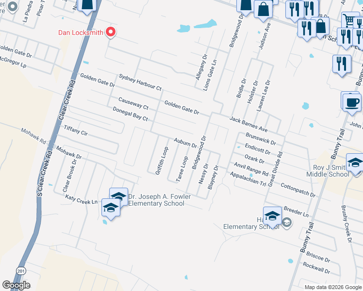 map of restaurants, bars, coffee shops, grocery stores, and more near 6713 Taree Loop in Killeen