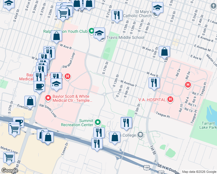 map of restaurants, bars, coffee shops, grocery stores, and more near 2017 South 15th Street in Temple