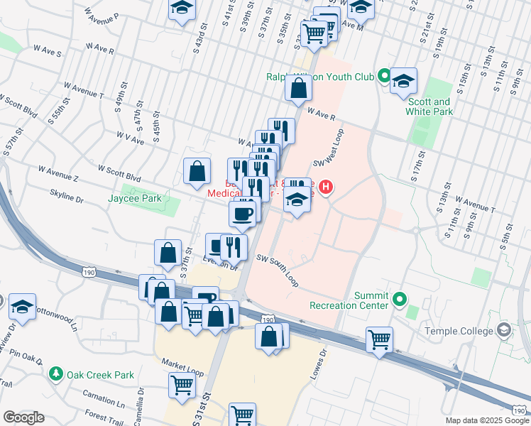 map of restaurants, bars, coffee shops, grocery stores, and more near 2320 South 31st Street in Temple