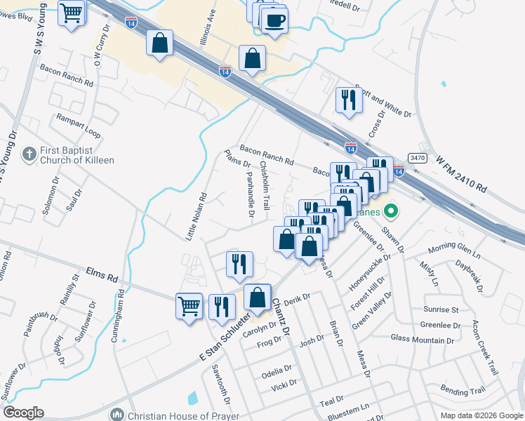 map of restaurants, bars, coffee shops, grocery stores, and more near 3111 Chisholm Trail in Killeen