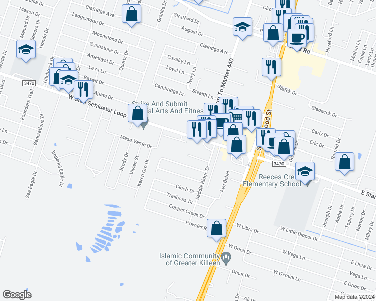 map of restaurants, bars, coffee shops, grocery stores, and more near 1403 Chips in Killeen