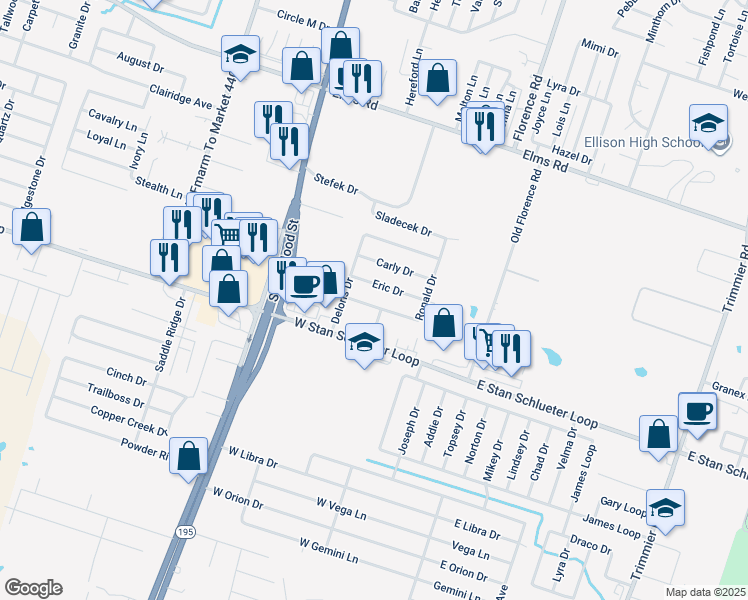 map of restaurants, bars, coffee shops, grocery stores, and more near 4703 Ronald Drive in Killeen