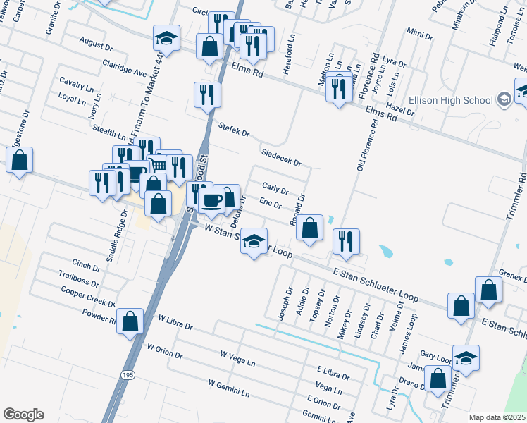 map of restaurants, bars, coffee shops, grocery stores, and more near 4703 Ronald Drive in Killeen