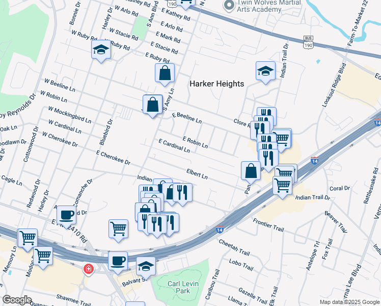 map of restaurants, bars, coffee shops, grocery stores, and more near 240 East Cardinal Lane in Harker Heights