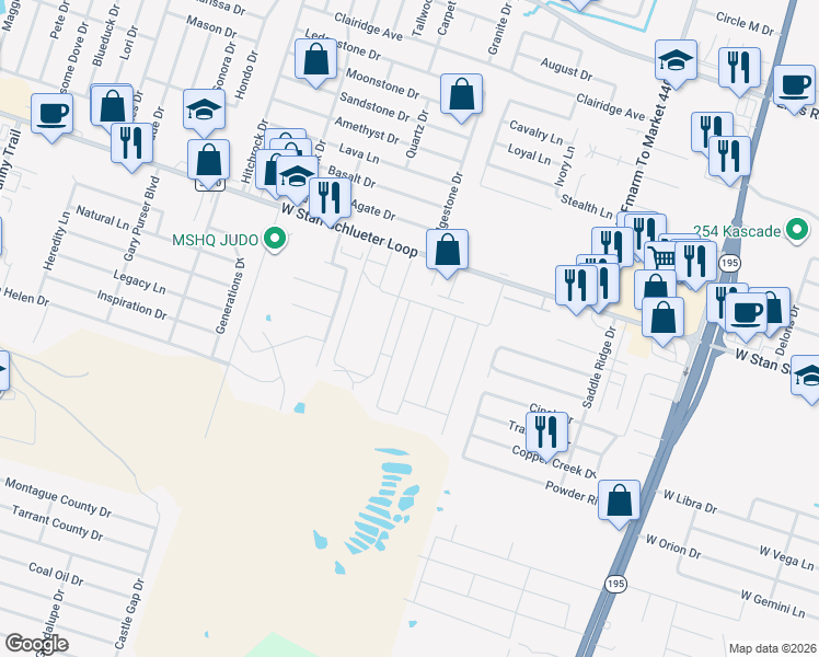 map of restaurants, bars, coffee shops, grocery stores, and more near 1804 West Stan Schlueter Loop in Killeen