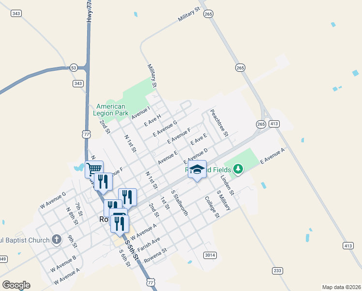 map of restaurants, bars, coffee shops, grocery stores, and more near 219 North Military in Rosebud