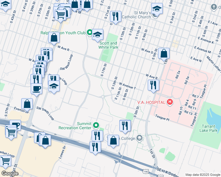map of restaurants, bars, coffee shops, grocery stores, and more near 2017 South 15th Street in Temple