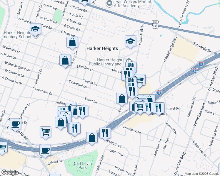 map of restaurants, bars, coffee shops, grocery stores, and more near 414 East Robin Lane in Harker Heights