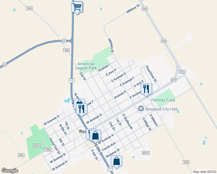 map of restaurants, bars, coffee shops, grocery stores, and more near 408 North Stallworth in Rosebud