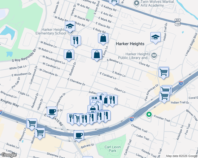 map of restaurants, bars, coffee shops, grocery stores, and more near 202 Dale Earnhardt Drive in Harker Heights