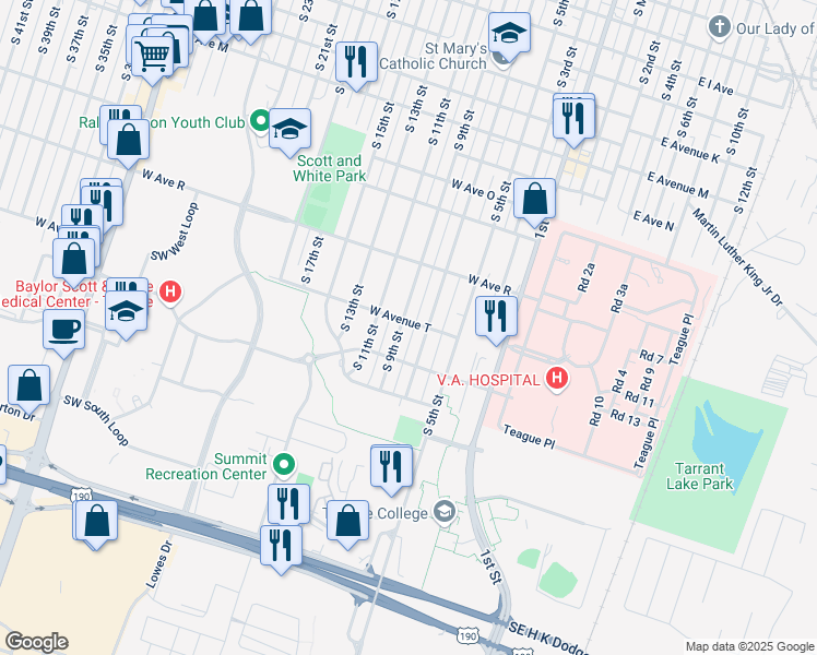 map of restaurants, bars, coffee shops, grocery stores, and more near 2001 South 9th Street in Temple