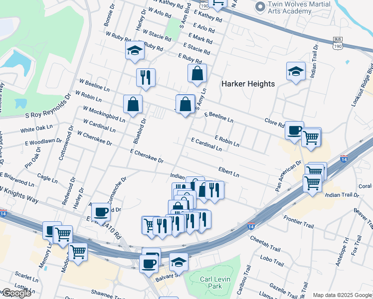 map of restaurants, bars, coffee shops, grocery stores, and more near 200 Dale Earnhardt Drive in Harker Heights