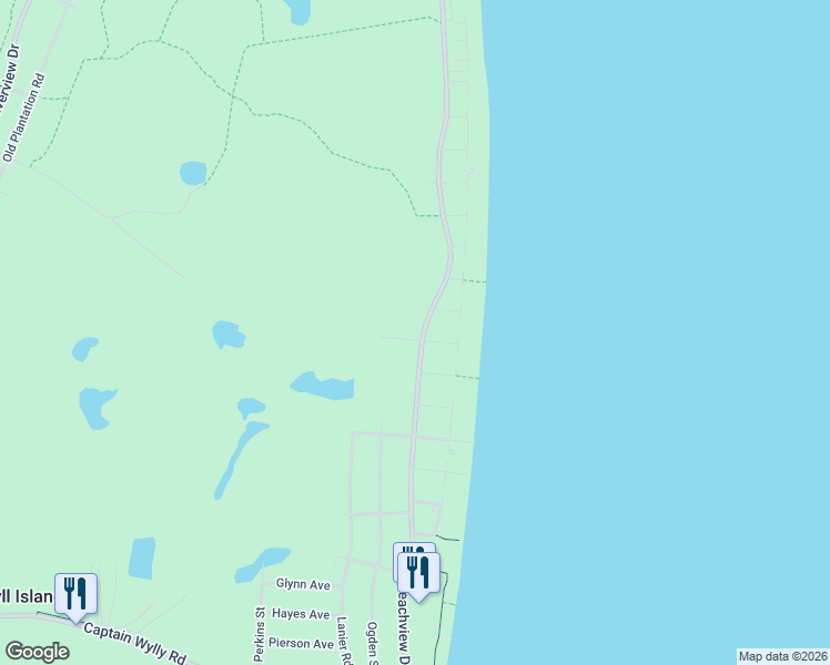 map of restaurants, bars, coffee shops, grocery stores, and more near 101 Tony Trail in Jekyll Island