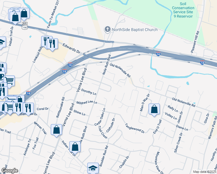 map of restaurants, bars, coffee shops, grocery stores, and more near 1211 Preswick Cir in Harker Heights