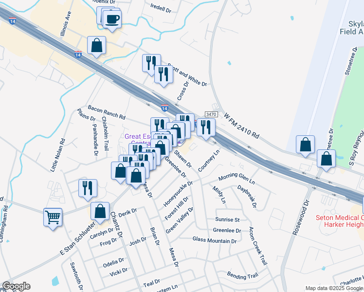 map of restaurants, bars, coffee shops, grocery stores, and more near 4400 East Central Texas Expressway in Killeen