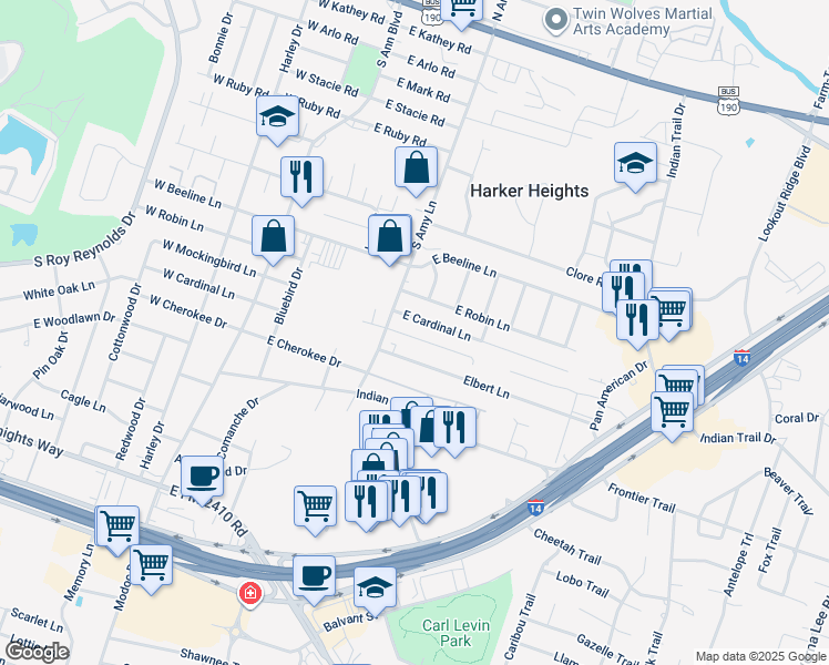 map of restaurants, bars, coffee shops, grocery stores, and more near 211 Dale Earnhardt Drive in Harker Heights
