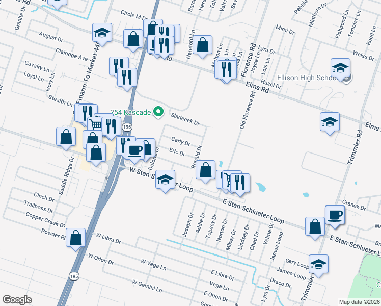map of restaurants, bars, coffee shops, grocery stores, and more near 305 Eric Drive in Killeen