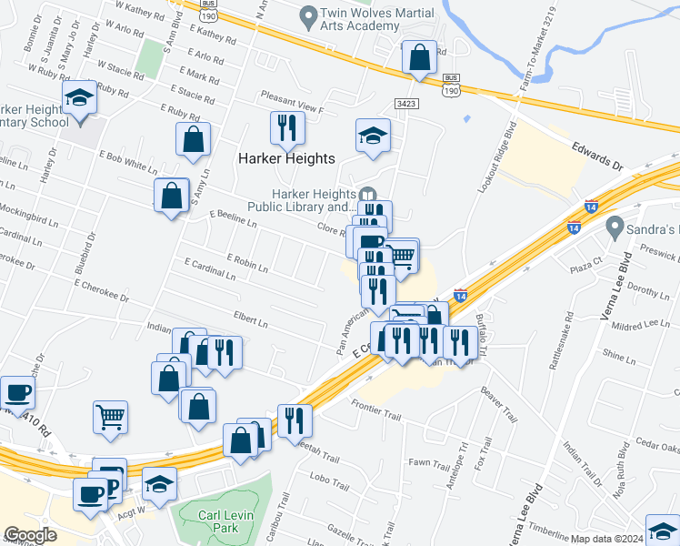 map of restaurants, bars, coffee shops, grocery stores, and more near 917 Rebecca Lane in Harker Heights