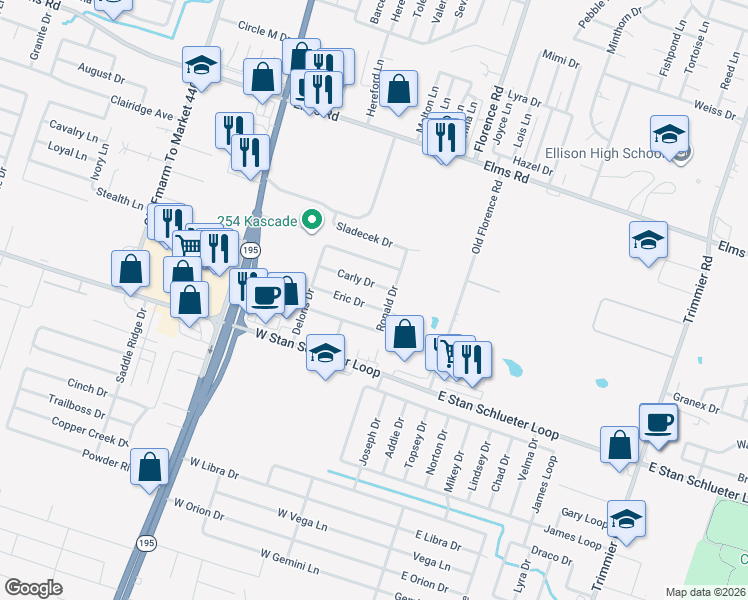 map of restaurants, bars, coffee shops, grocery stores, and more near 304 Eric Drive in Killeen