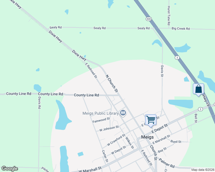 map of restaurants, bars, coffee shops, grocery stores, and more near 8095 North Church Street in Meigs
