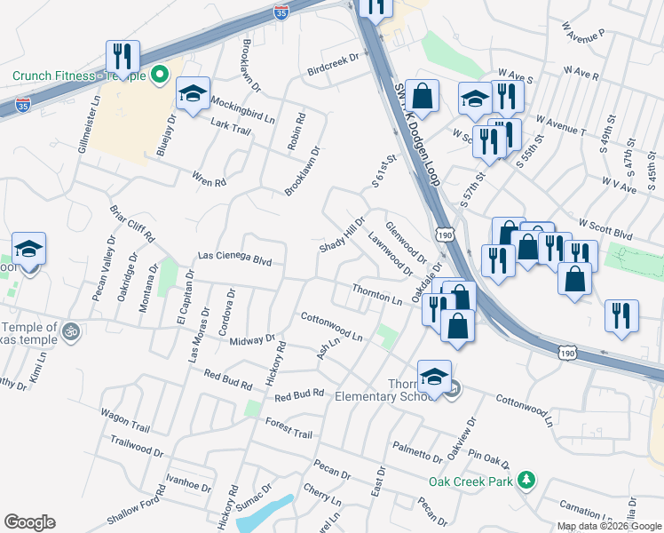 map of restaurants, bars, coffee shops, grocery stores, and more near 3310 Thornton Lane in Temple