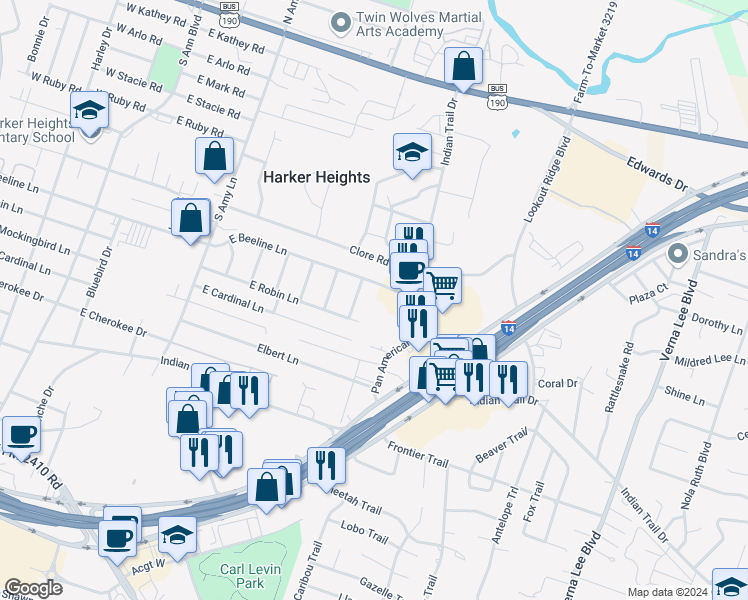 map of restaurants, bars, coffee shops, grocery stores, and more near 917 Rebecca Lane in Harker Heights
