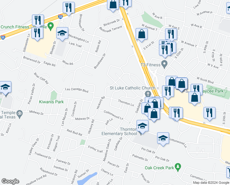 map of restaurants, bars, coffee shops, grocery stores, and more near 2717 Inwood Road in Temple