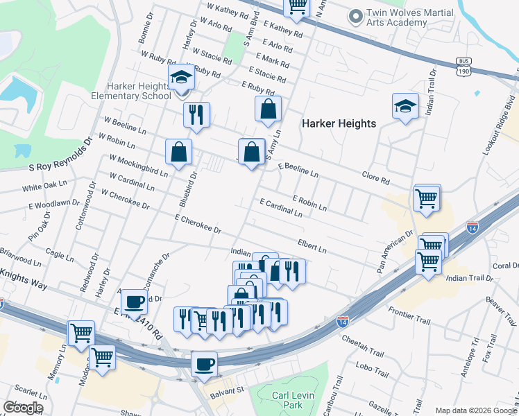 map of restaurants, bars, coffee shops, grocery stores, and more near 202 Dale Earnhardt Drive in Harker Heights