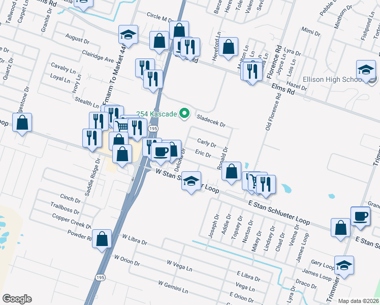 map of restaurants, bars, coffee shops, grocery stores, and more near 4703 Ronald Drive in Killeen