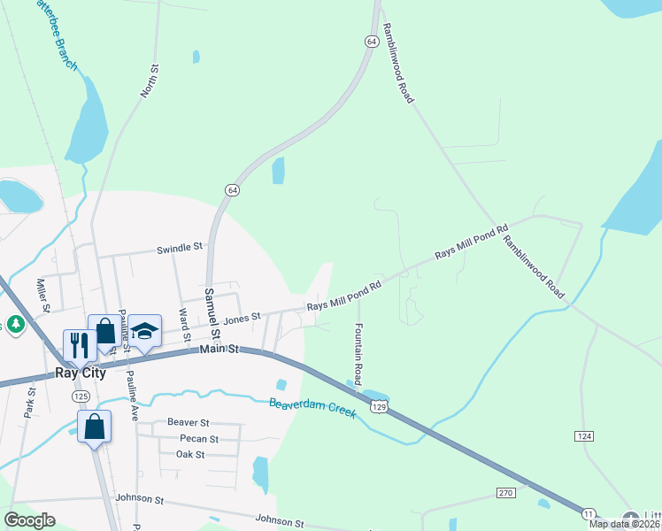 map of restaurants, bars, coffee shops, grocery stores, and more near 135 Rays Mill Pond Road in Ray City