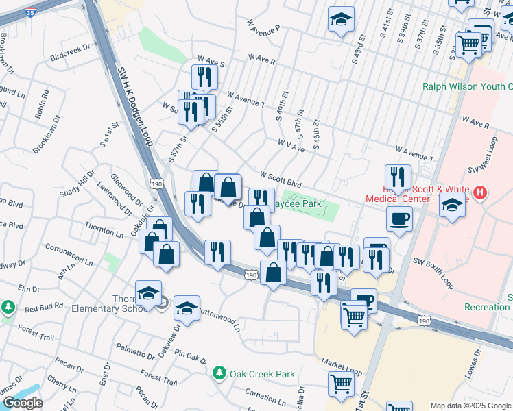 map of restaurants, bars, coffee shops, grocery stores, and more near 2414 Skyline Drive in Temple