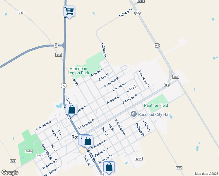 map of restaurants, bars, coffee shops, grocery stores, and more near 408 North Stallworth in Rosebud